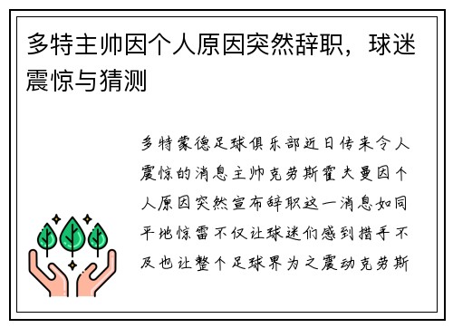 多特主帅因个人原因突然辞职，球迷震惊与猜测